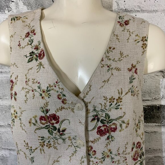 Vintage 90s Vest Medium Cream Linen Flax Rose Floral Button Front Back Tie - Picture 2 of 11
